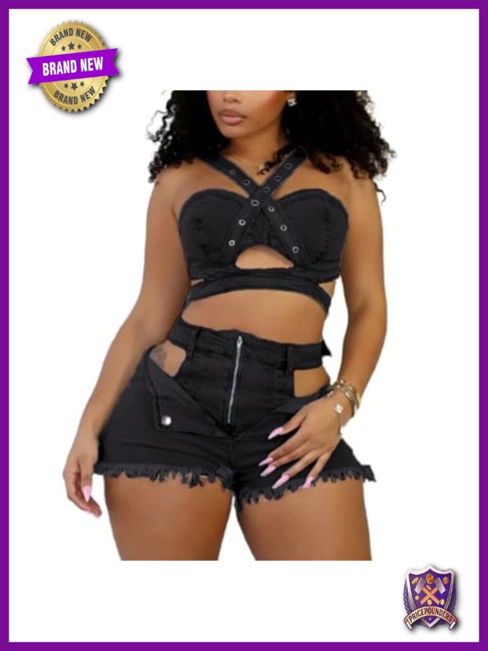 Women's Denim 2 Piece Outfit Stretchy Crop Tank Top Bodycon Shorts Set